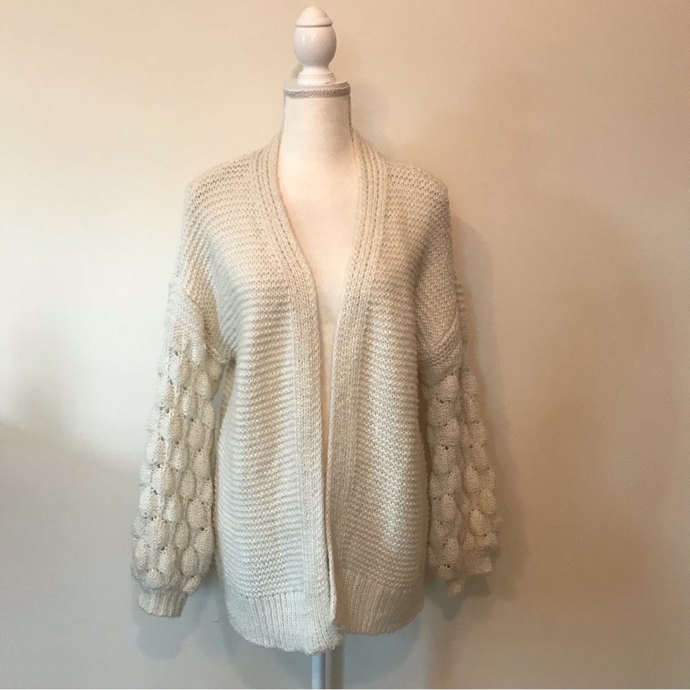 Nine West Cardigan Sweater White Cream Cable Knit Open Front Pockets Medium